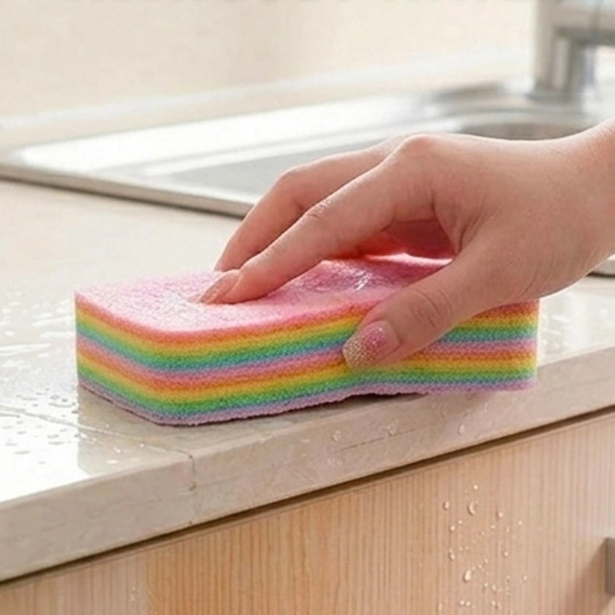 Dodici Cleaning Sponge in use on kitchen bench - VIVOCASA